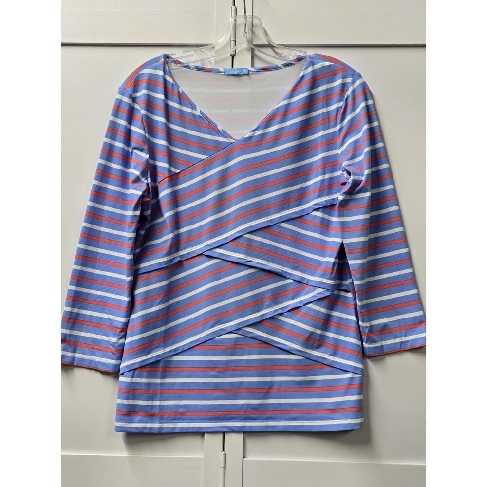 J. McLaughlin Nicola Blue V Neck Layered Striped Resort Classic Top XLARGE